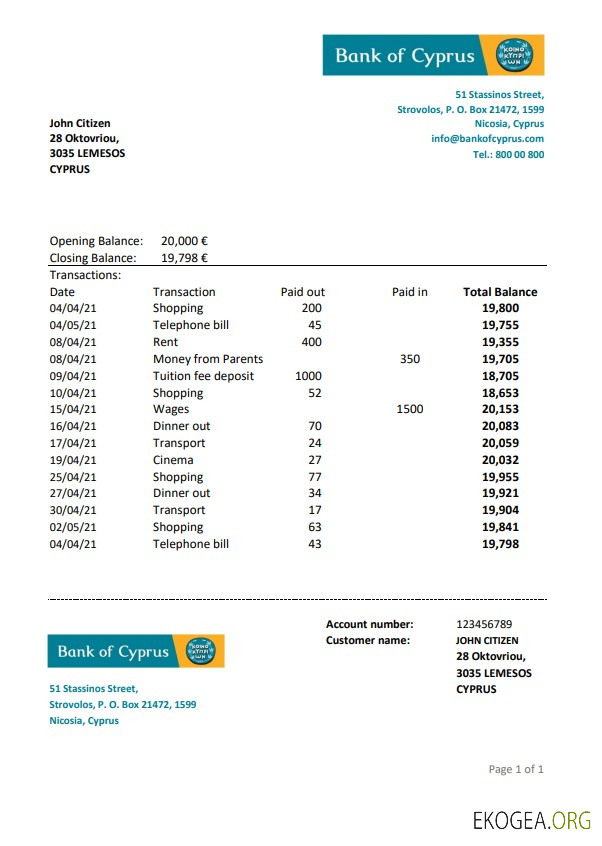 Relevé bancaire de la Banque de Chypre de Chypre, modèle facile à remplir au format de fichier .xls et .pdf